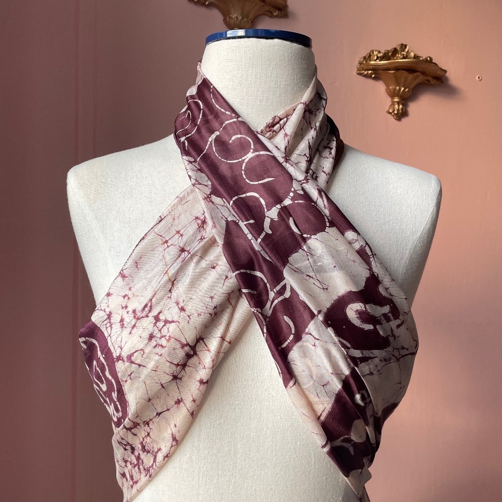 Handmade marble print burgundy/cream silk scarf